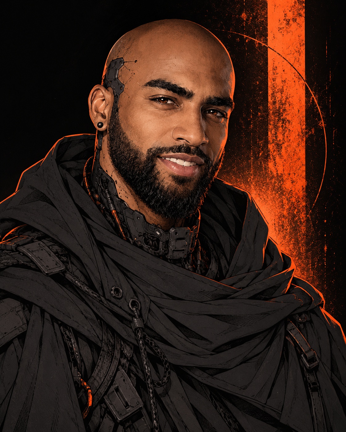 Illustrated portrait of Nick Foster in black and ember orange, with subtle cybernetic details
